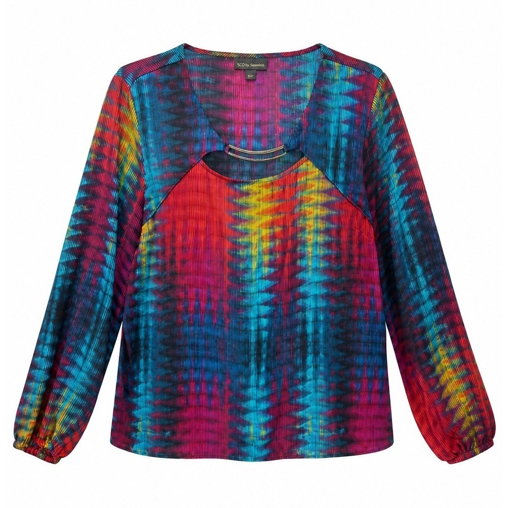 Bold Elements Womens Blouse L Multicolor Abstract Boho Gold Bar Detail Artsy
